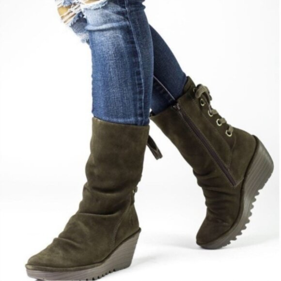 Fly London Yada Lace Up Zip Boots Suede Green Size 9 - Picture 1 of 7